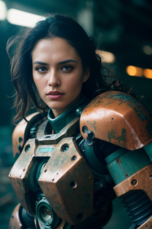 beautiful college girl in a hulking hydraulic biomechanical exoskeleton armored robot, sunset, sweaty, post-apocalyptic, l...